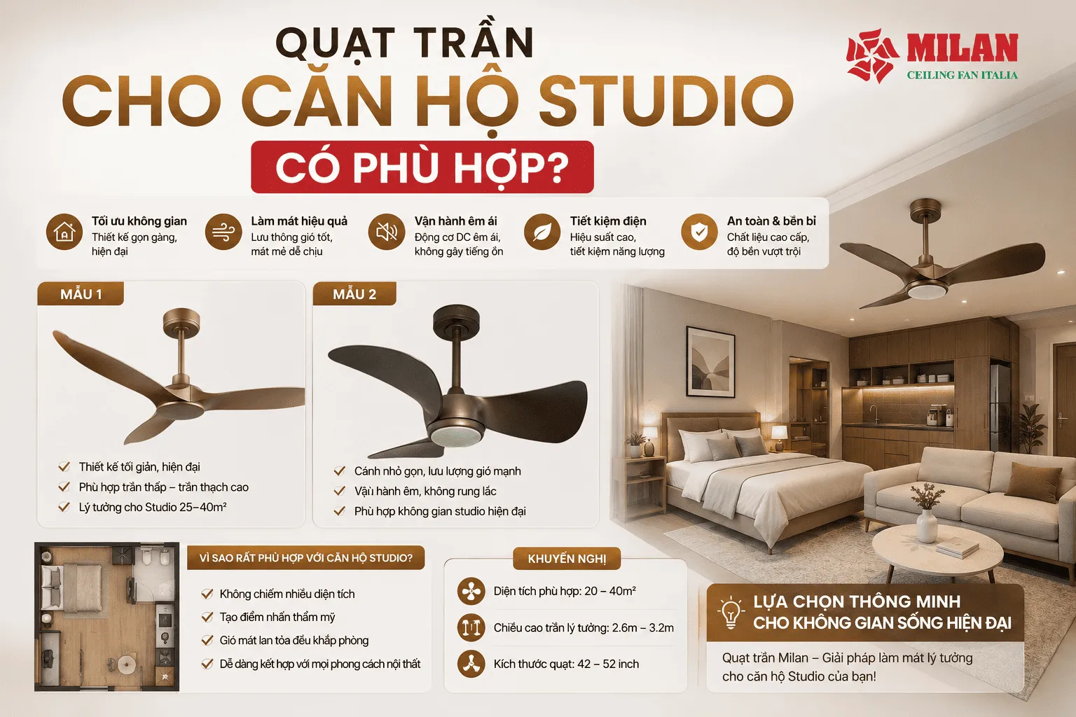 quạt trần cho căn hộ studio
